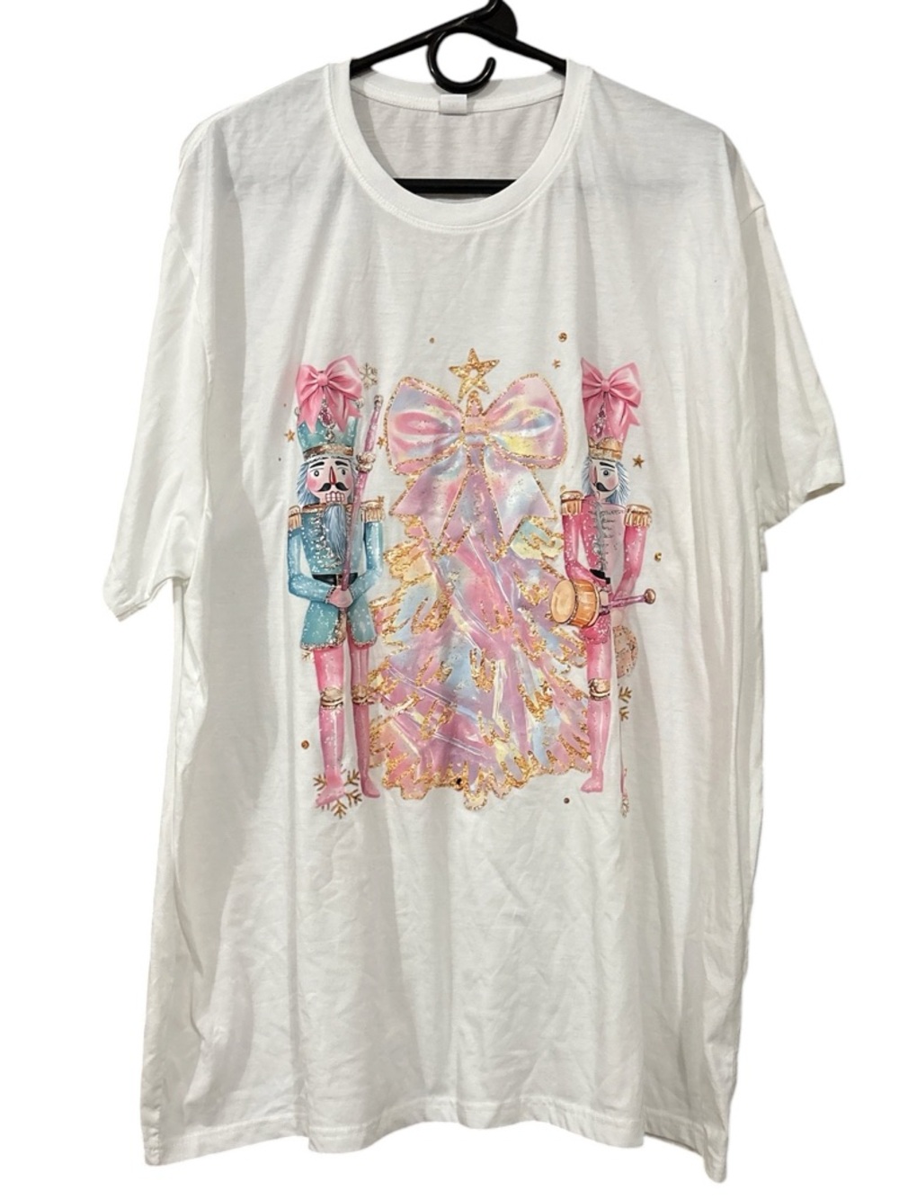 White Graphic Tee with Pink & Blue Nutcracker Holiday Print